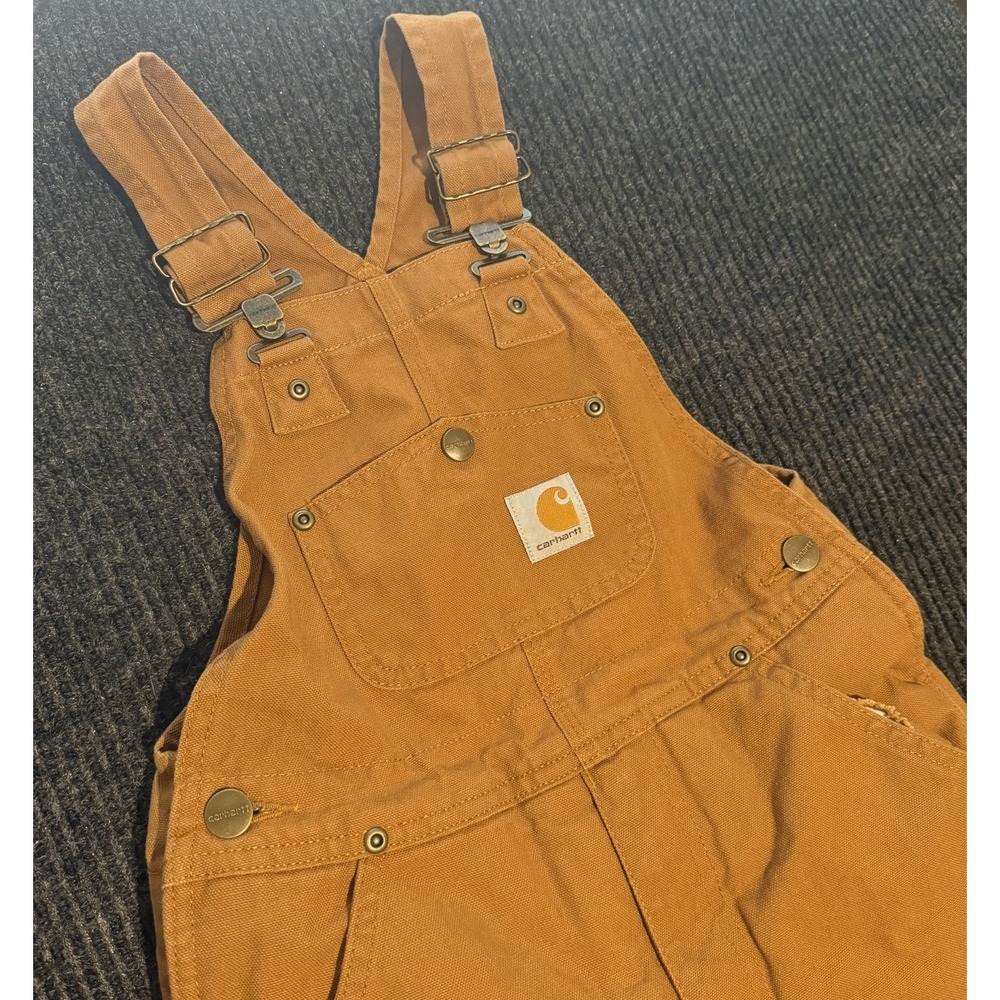 Carhartt Bib Double Knee Overalls Kids Size 6 Brown Logo 100% Cotton Used